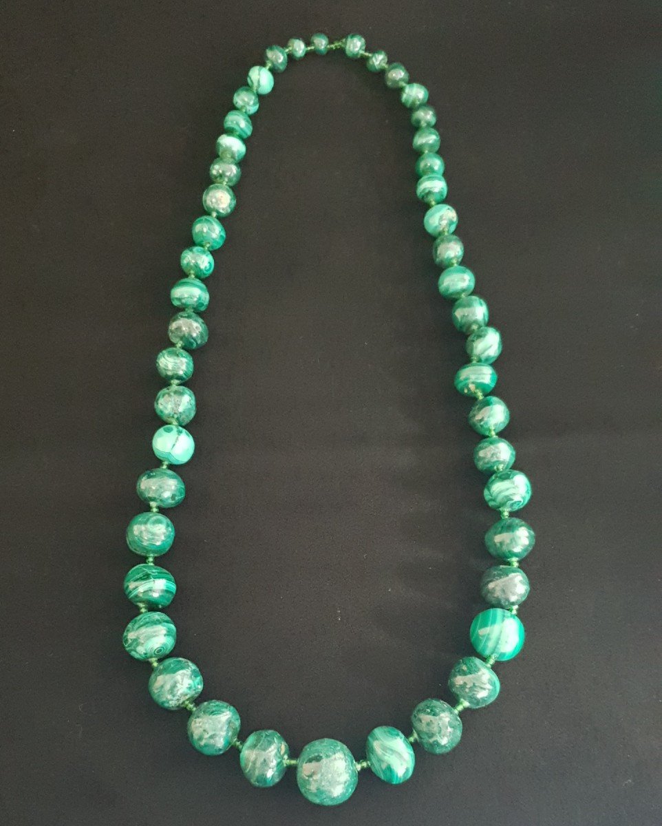 Superb Set Of 3 Genuine And Antique Malachite Round Bead Necklaces -photo-2