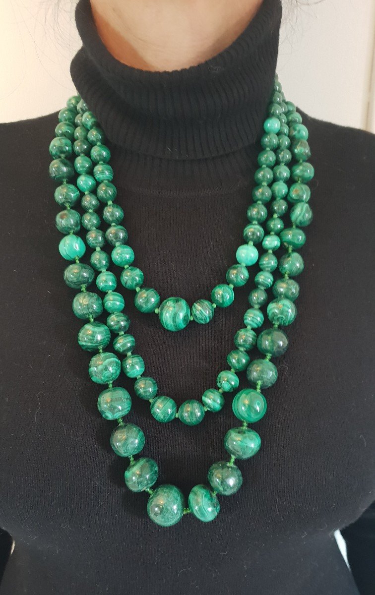 Superb Set Of 3 Genuine And Antique Malachite Round Bead Necklaces 