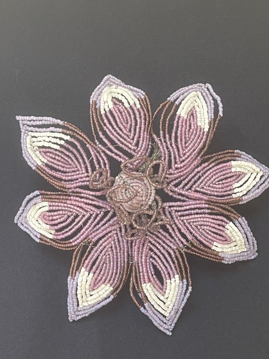 Ensemble De 4 Grandes Fleurs En Perles De Verre, Début 20ème Siècle, French Beaded Flowers -photo-3