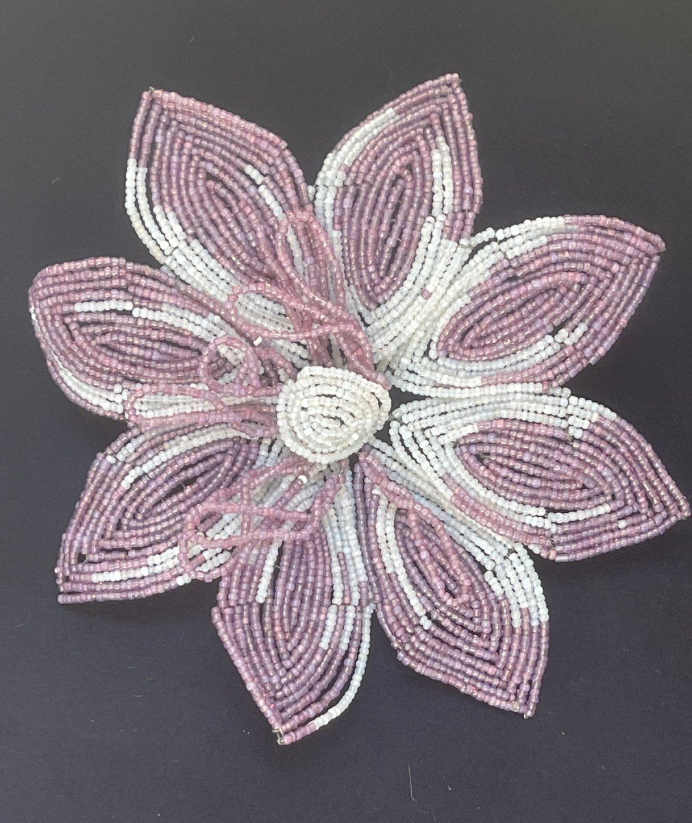 Ensemble De 4 Grandes Fleurs En Perles De Verre, Début 20ème Siècle, French Beaded Flowers -photo-2