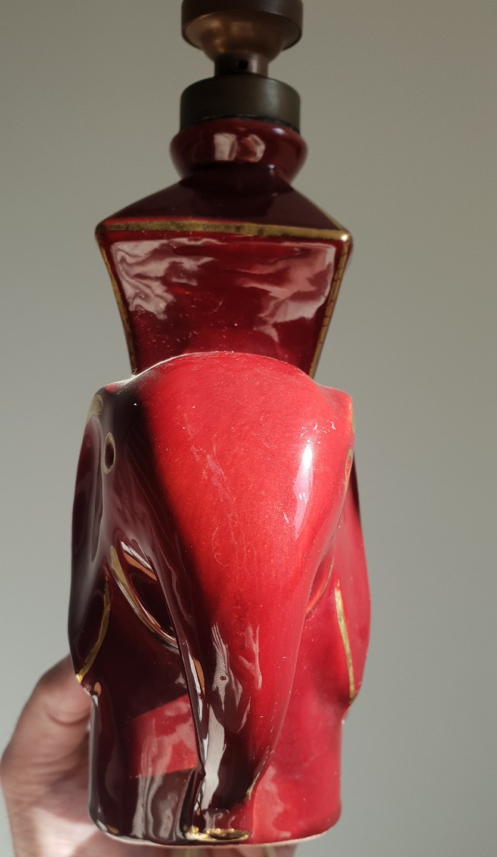 Bordeaux Red Ceramic Lamp, Elephant With Gilding, Circa 1940-50-photo-4