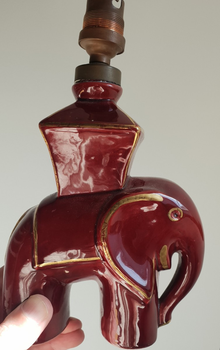 Bordeaux Red Ceramic Lamp, Elephant With Gilding, Circa 1940-50