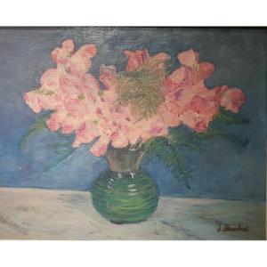 Table Bouquet Of Pink Flowers. Signed J. Brochot.