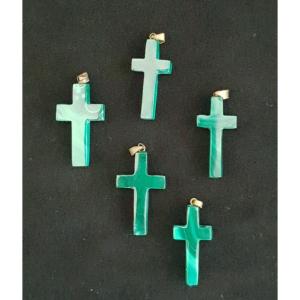 Set Of 5 Genuine Malachite Cross Pendants 