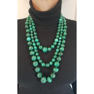 Set Of 3 Genuine And Antique Malachite Round Bead Necklaces 