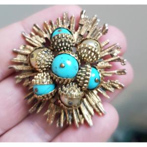 Broche Soleil En Bronze Turquoise Et Perles, Vers 1960, Signée.