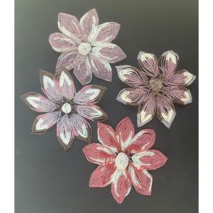 Ensemble De 4 Grandes Fleurs En Perles De Verre, Début 20ème Siècle, French Beaded Flowers 