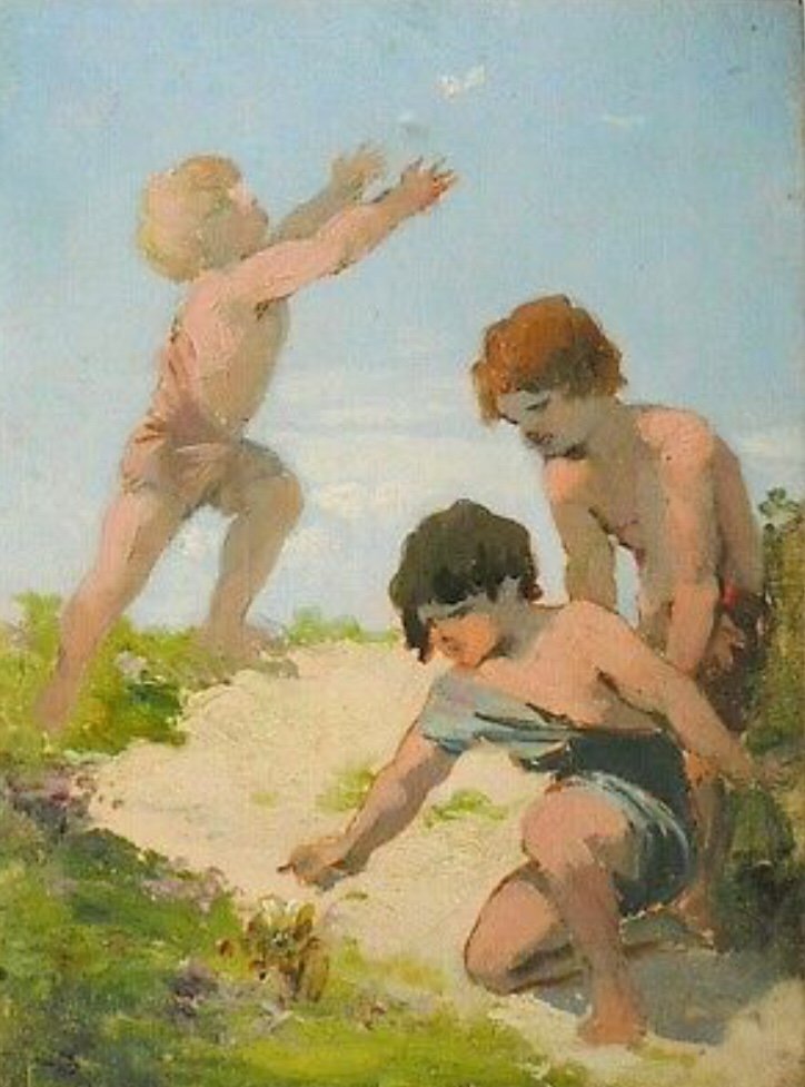 Enfants Chasse Aux Papillons Huile Ancienne 