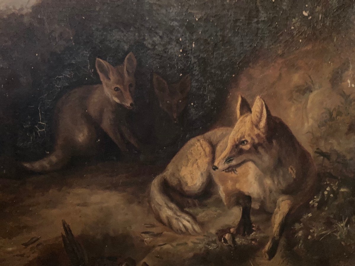 Oil On Canvas Foxes Animal Animals Landscape Old