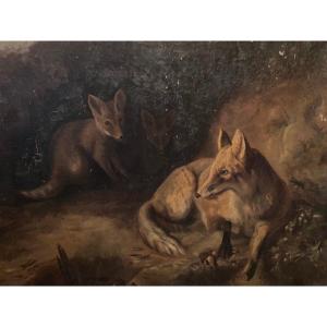 Oil On Canvas Foxes Animal Animals Landscape Old