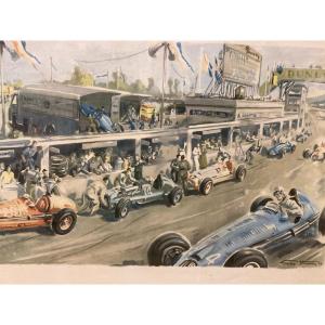 Geo Ham Lithograph Print Car Race 1948