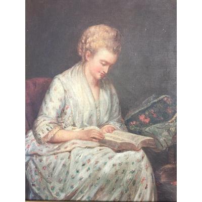 Portrait De Femme à la Lecture Huile Sur Toile XIX