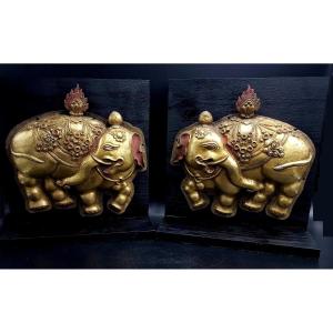 Pair Of Elephants In Gilded Copper, Tibet 19th Century
