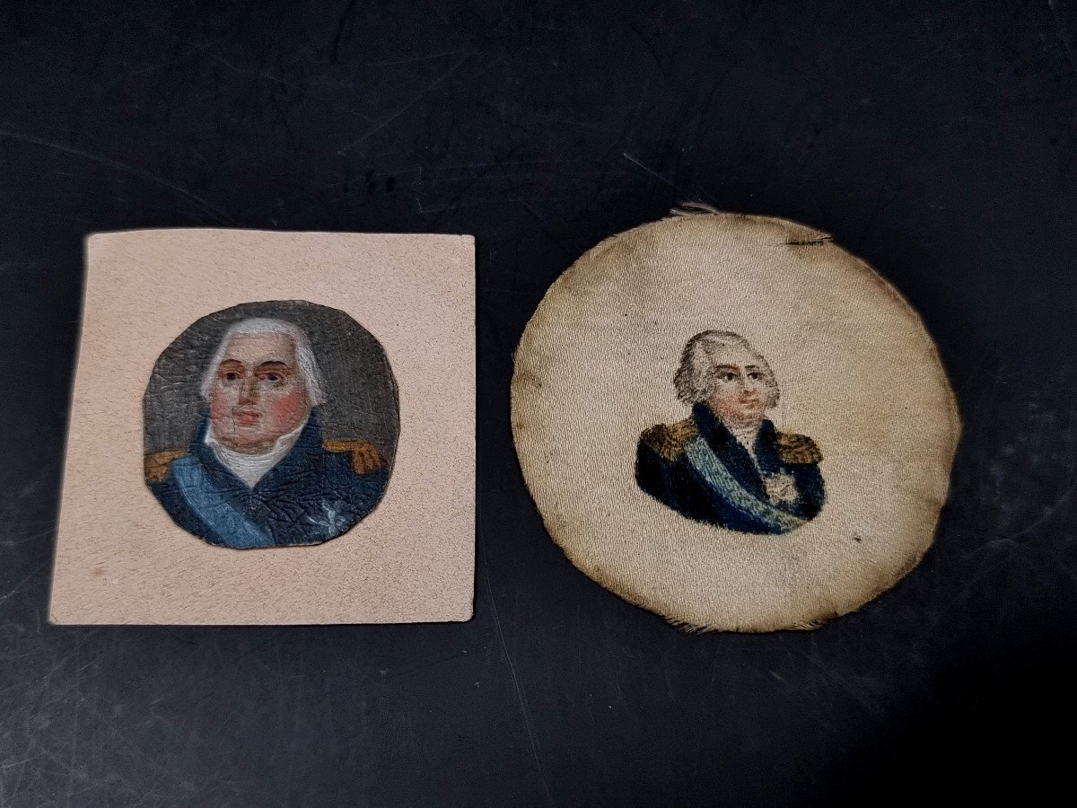 Two Miniatures Of King Louis XVIII, One Painted And Another On Fabric, 19th Century