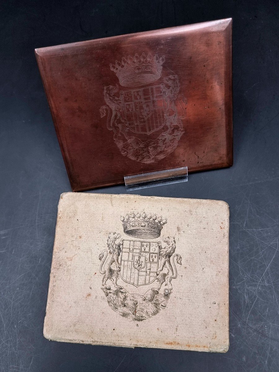 Ex Libris Copper Matrix Plate With The Coat Of Arms Of Henri Du Plessis-guénégaud 