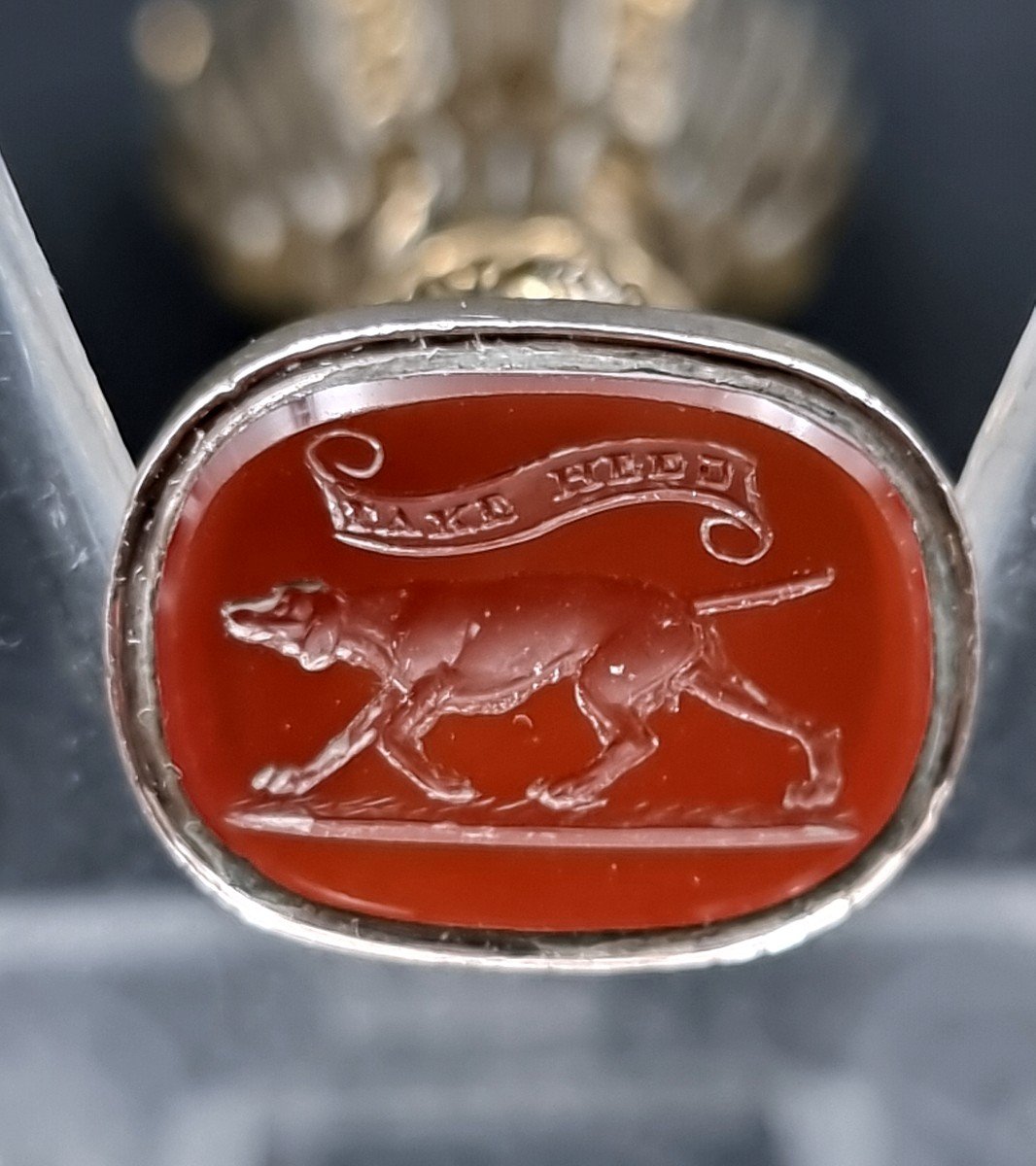 Seal Stamp Matrix In Carnelian Engraved With A Dog And A Motto Brass Handle 