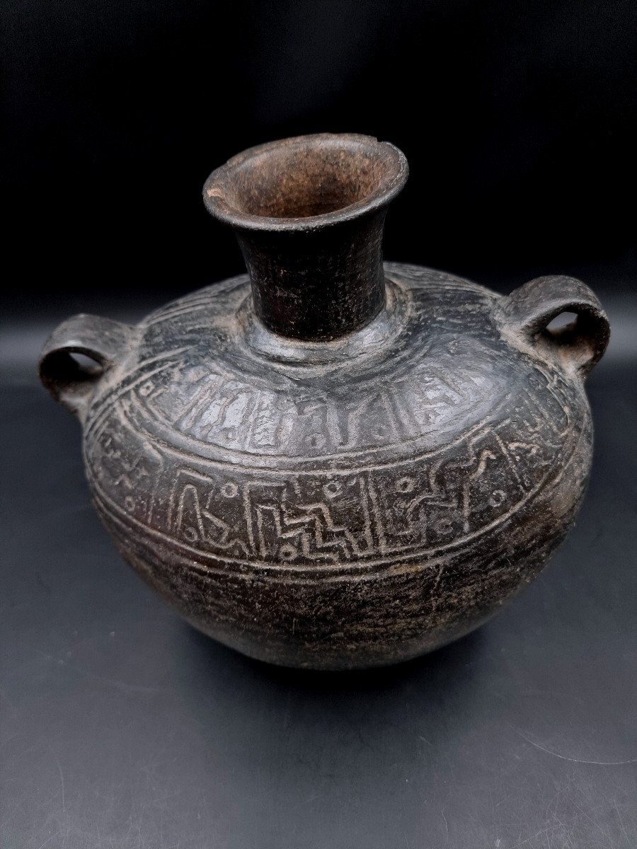 Pre-columbian Globular Vase Chimu Culture Peru Black Terracotta Two Small Handles -photo-4