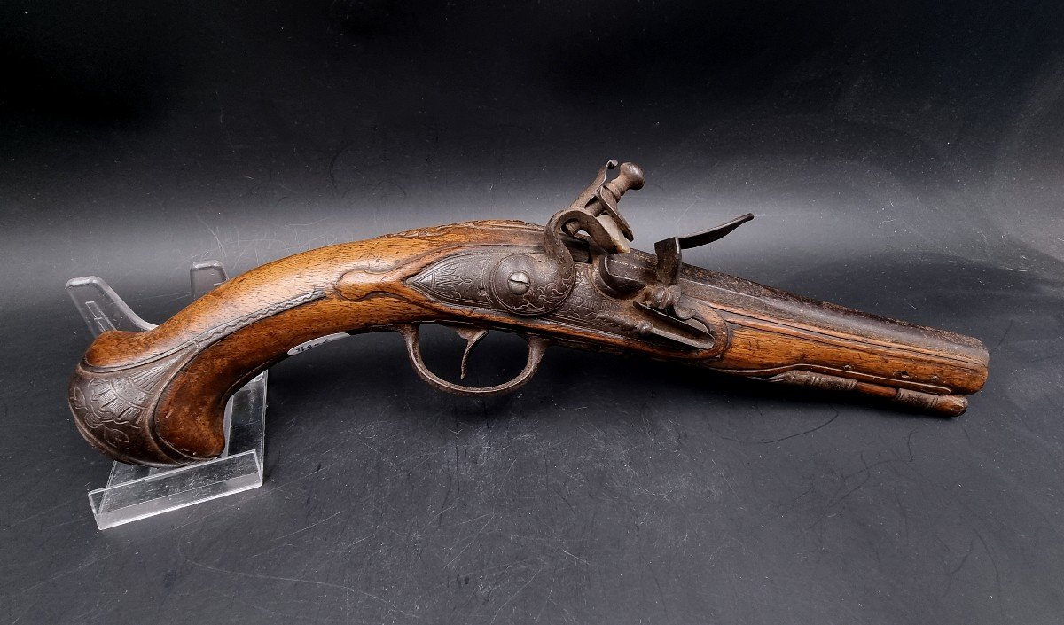 Carved Walnut Flintlock Pistol, Paris Marked Plate, Gilded Barrel -photo-2