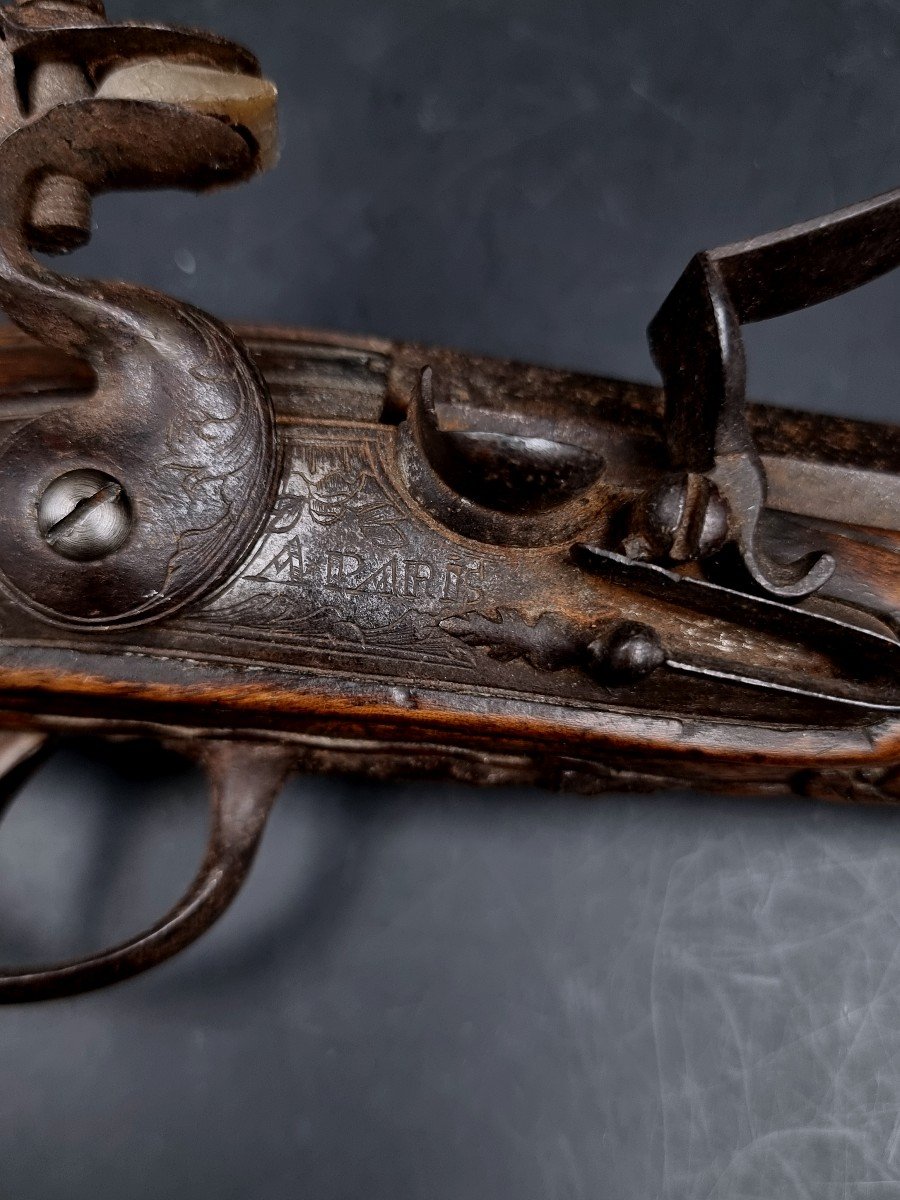 Carved Walnut Flintlock Pistol, Paris Marked Plate, Gilded Barrel -photo-3