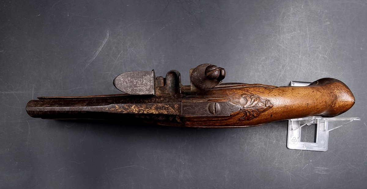 Carved Walnut Flintlock Pistol, Paris Marked Plate, Gilded Barrel -photo-2