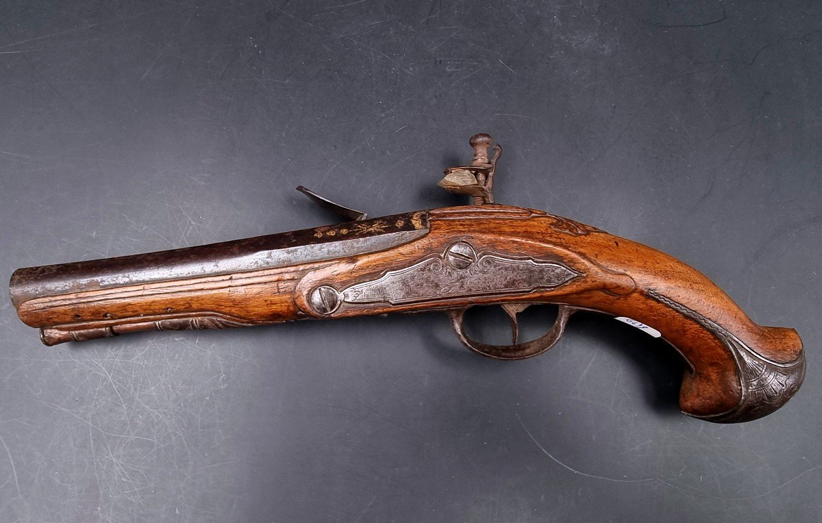 Carved Walnut Flintlock Pistol, Paris Marked Plate, Gilded Barrel -photo-3