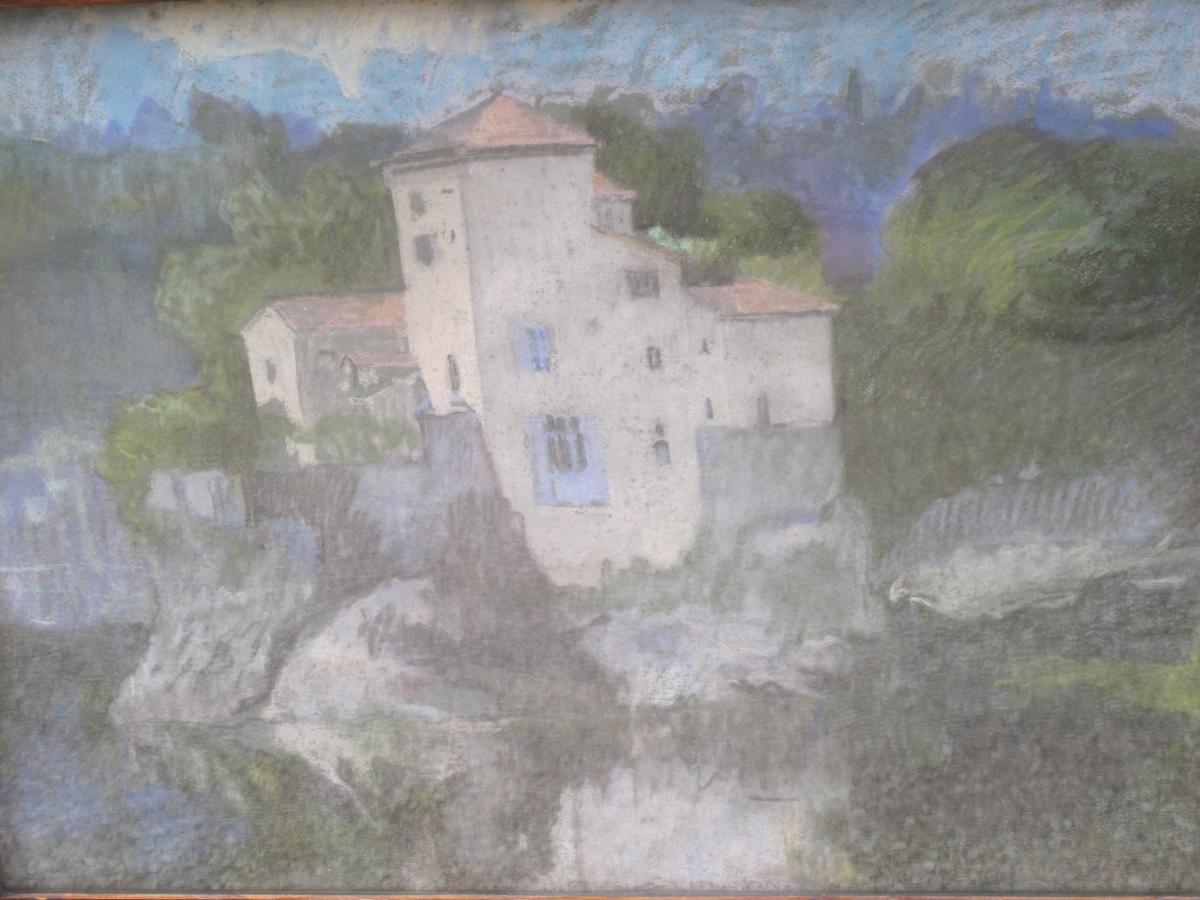 Jean Couty (1907 - 1991) Ile Barbe On The Saone Near Lyon Pastel Signed En Bas à Gauche