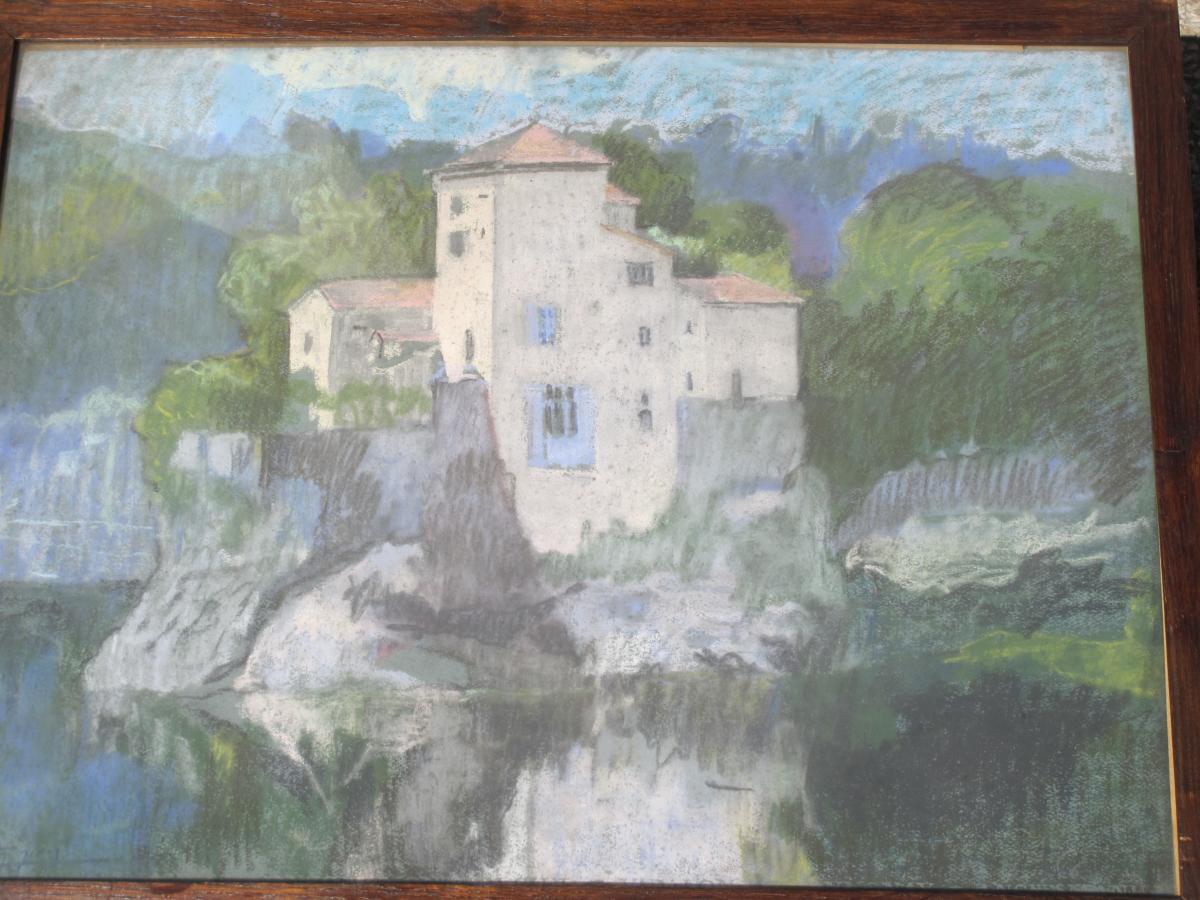 Jean Couty (1907 - 1991) Ile Barbe On The Saone Near Lyon Pastel Signed En Bas à Gauche-photo-2