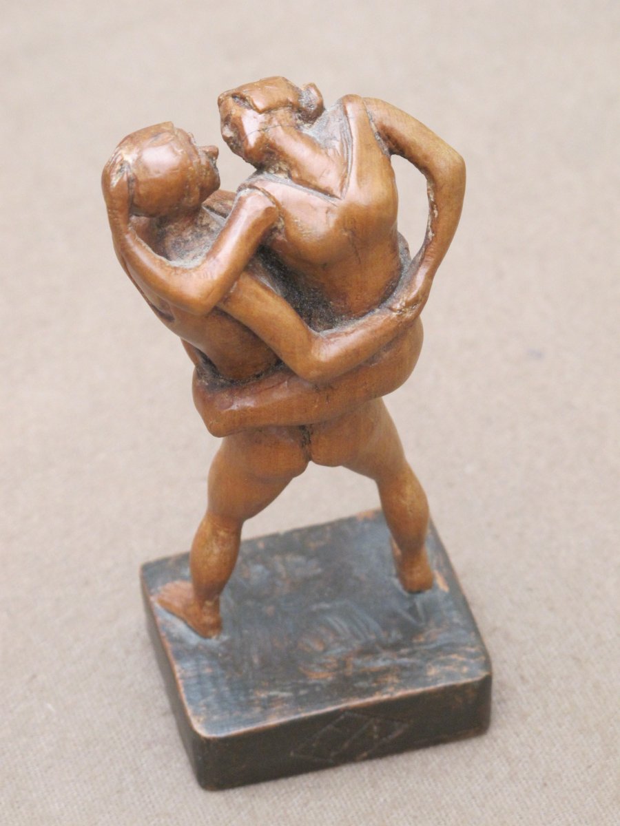 Fruit Wood Statuette Couple Hiding Cirque Dance Contortionist Signed Axb-photo-5