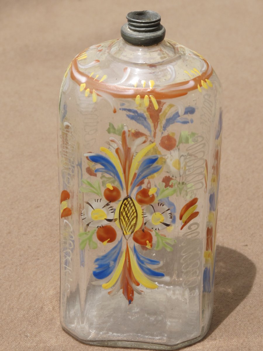 Bottle Glass Bottle Enameled With Foliage And Flowers Period XVIII è Century Rhine Valley-photo-3