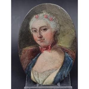 Miniature On Copper Louis XV Period Of A Woman With A Pink Bow