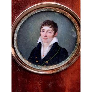 Miniature Of A Man With A Wide Open Collar With A Curious Green Cord Early 19th Century