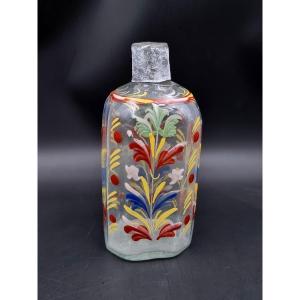 Enamelled Glass Bottle With Scrolls And Flowers 18th Century Swiss Or Eastern France