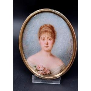 Miniature Representing A Woman With A Bouquet Of Roses Signed Lucy Cheron 1886