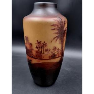 Vase De Saint-louis, Paysage De Verre, Décor Paysage Orientalisant Bord Du Nil vers 1920