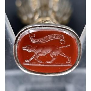 Seal Stamp Matrix In Carnelian Engraved With A Dog And A Motto Brass Handle 