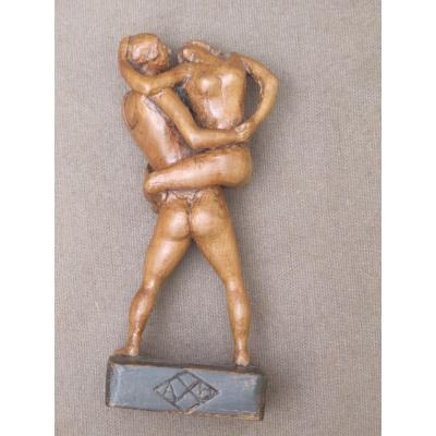 Fruit Wood Statuette Couple Hiding Cirque Dance Contortionist Signed Axb