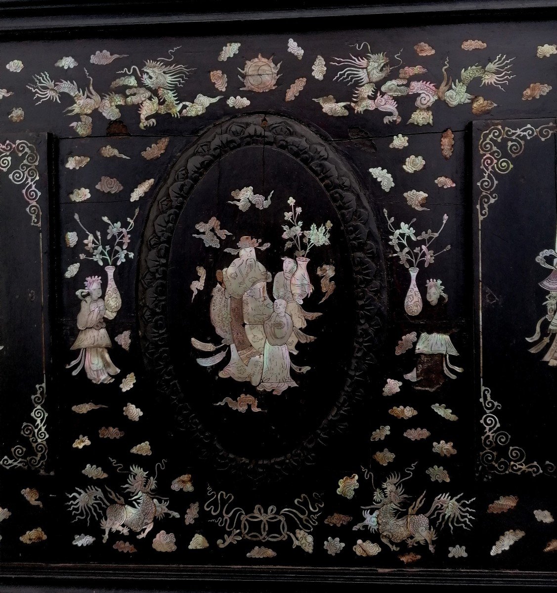 Panel In Wood And Mother Of Pearl - Vietnam - XIX Eme - 90 X 47 Cm-photo-2