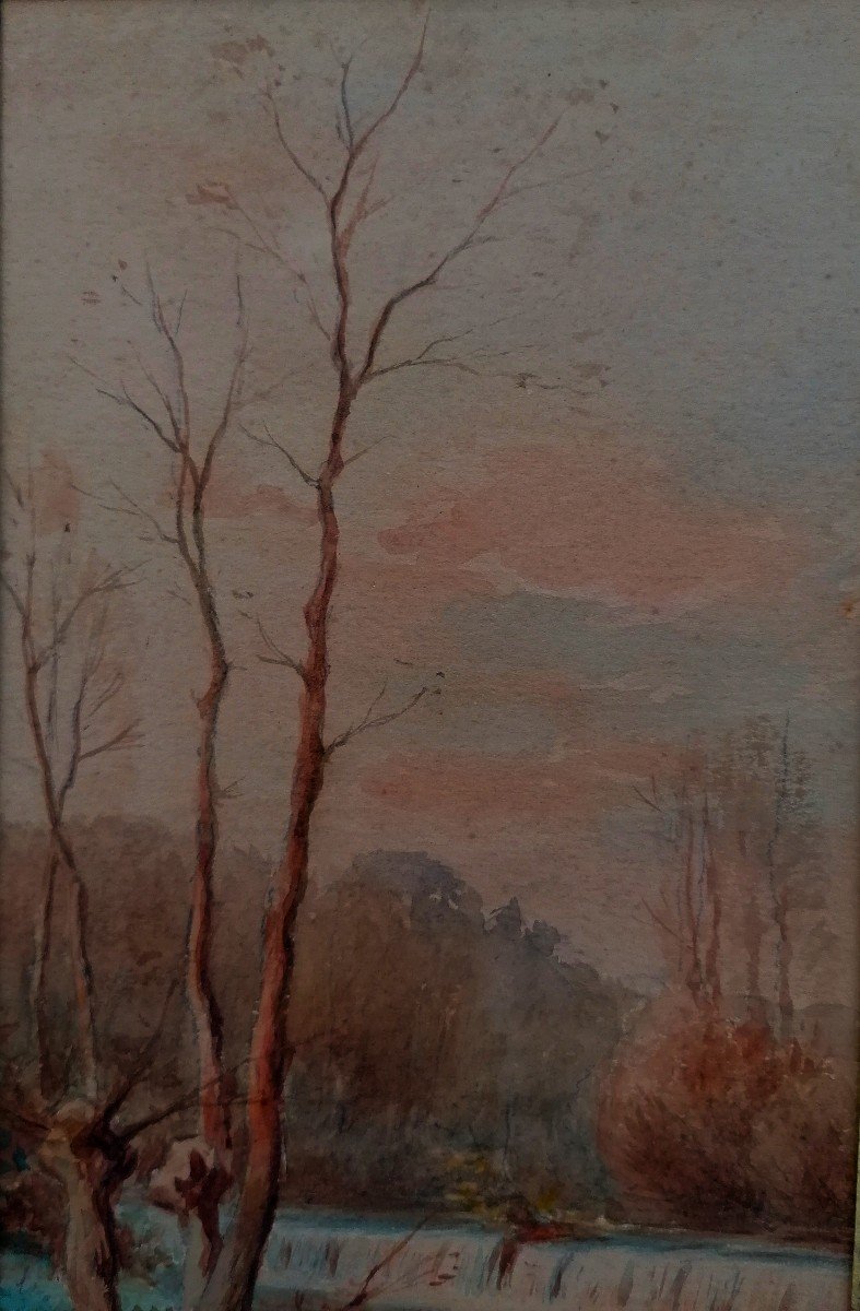 Aquarelle - Paysage - Bord De Rivière - A. Grimaud - Fin XIXème - Barbizon --photo-1