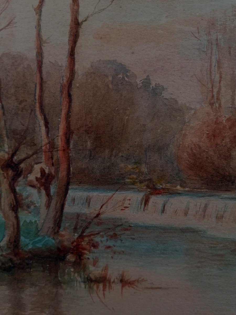 Aquarelle - Paysage - Bord De Rivière - A. Grimaud - Fin XIXème - Barbizon --photo-2