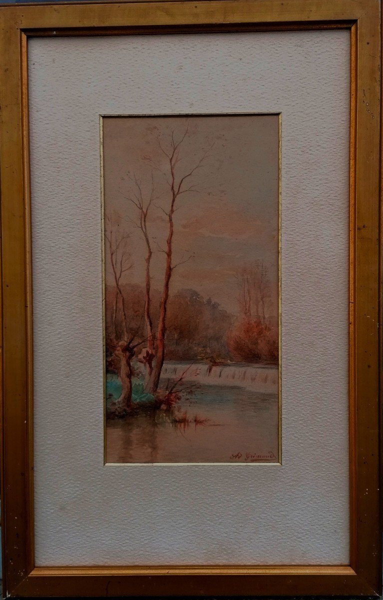 Aquarelle - Paysage - Bord De Rivière - A. Grimaud - Fin XIXème - Barbizon -