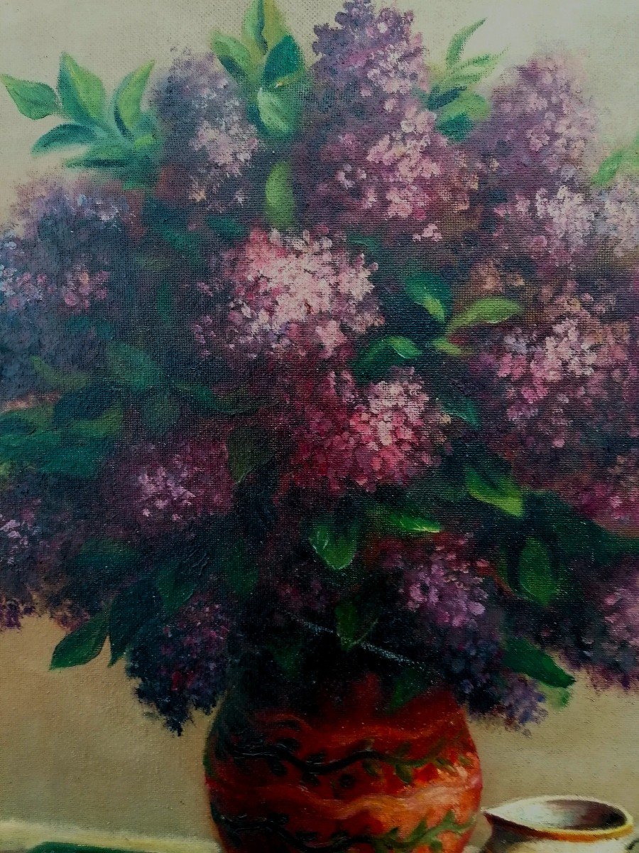 Oil On Canvas - Still Life With A Bouquet Of Lilacs - Monogram - XX Eme Century --photo-4