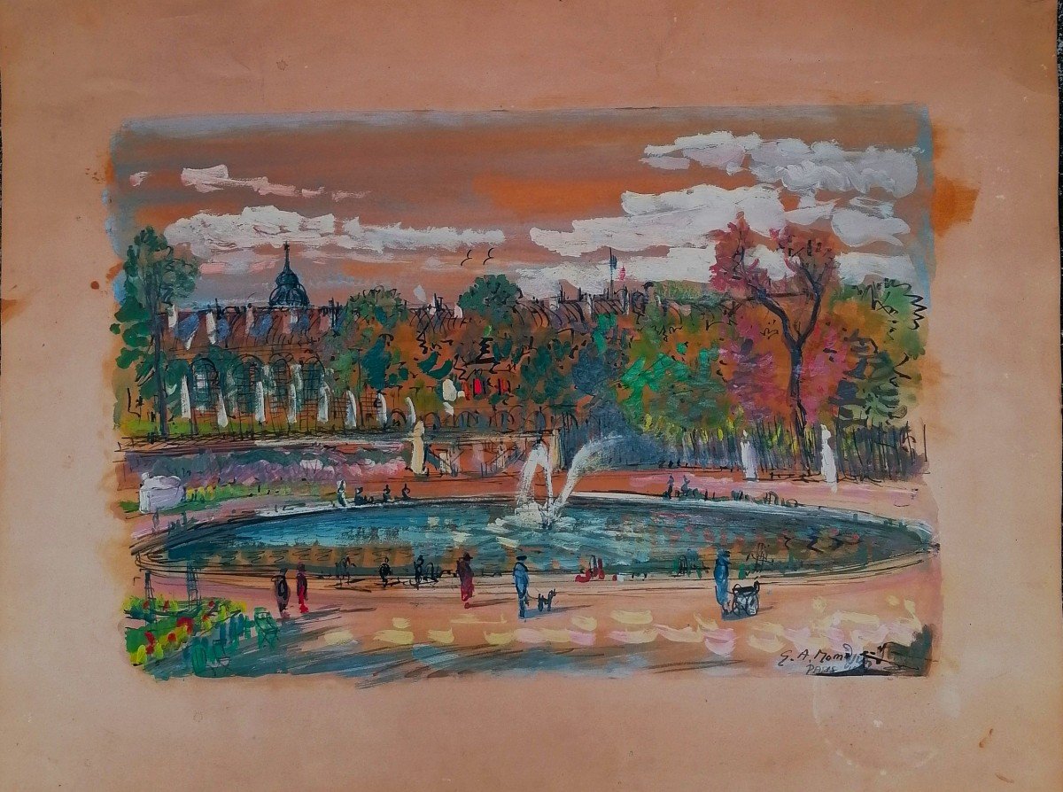 Garabed A. Momdjian - Jardin Des Tuileries - Gouache - Armenian School - Paris 1957 --photo-2