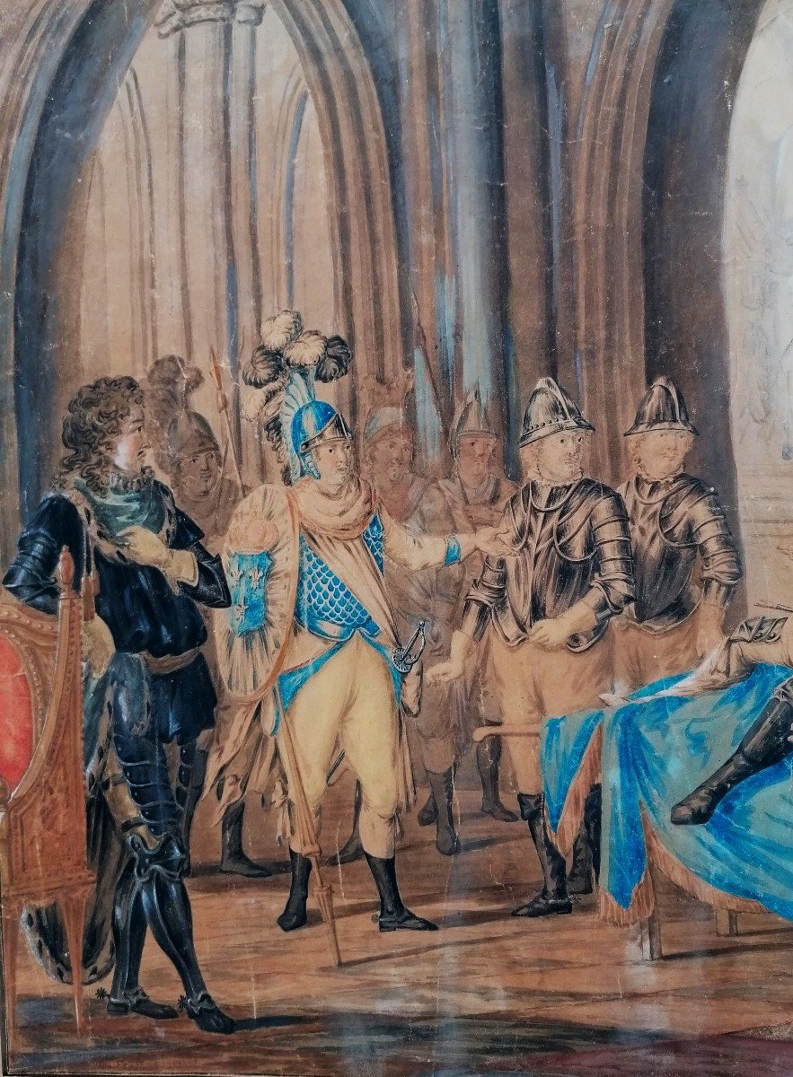 Scène Historique - Dessin Au Lavis Avec Rehaut De Gouache - Roi Louis XIV - XVII E - Signature -photo-2