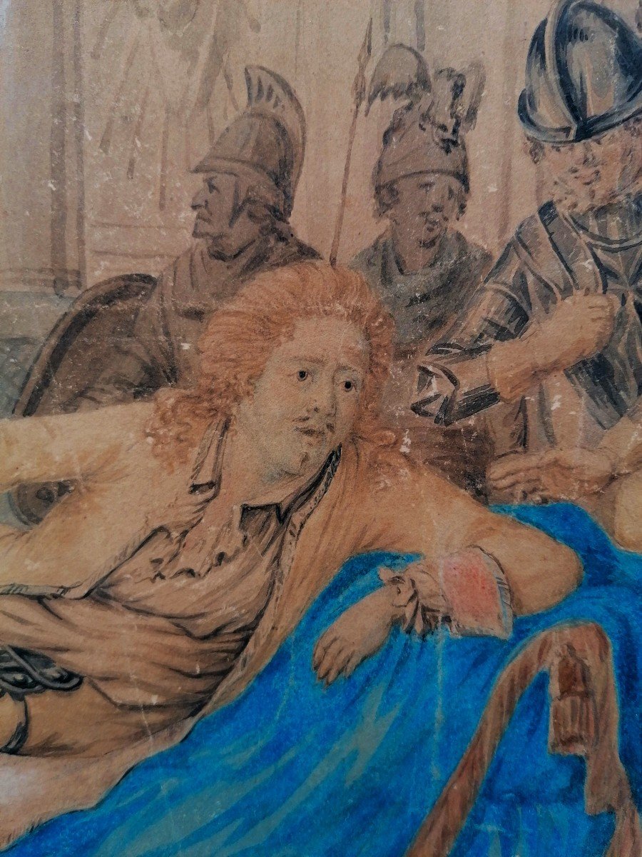Scène Historique - Dessin Au Lavis Avec Rehaut De Gouache - Roi Louis XIV - XVII E - Signature -photo-2