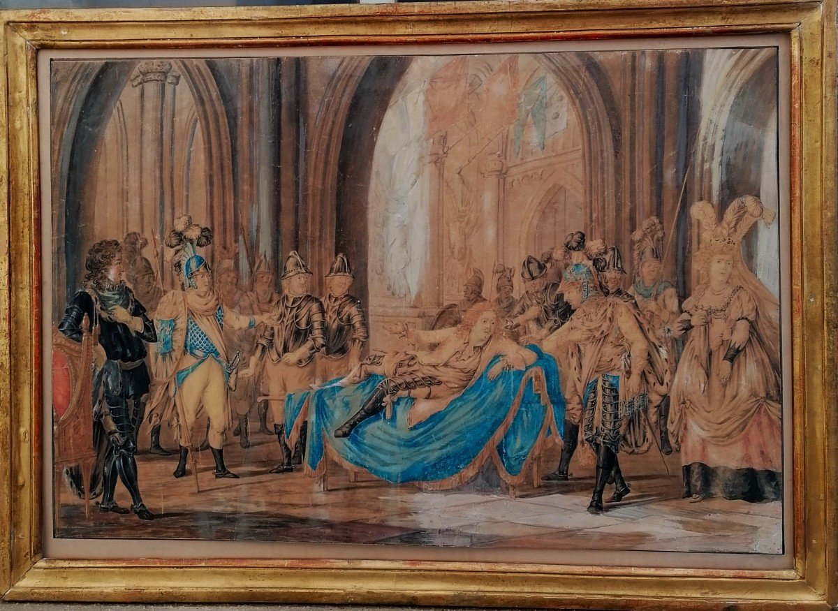 Scène Historique - Dessin Au Lavis Avec Rehaut De Gouache - Roi Louis XIV - XVII E - Signature 