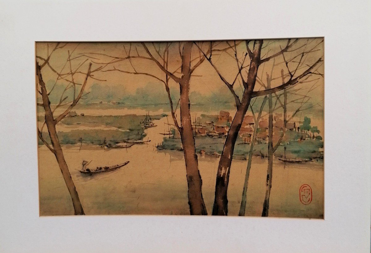 Watercolor - Animated Landscape In Vietnam - Period XX Eme Century - Signature To Identify --photo-2