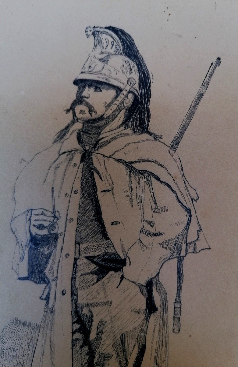 Pen Drawing - Portrait Of A Cavalry Cuirassier Soldier - R. Person - XIX Or Early XX-photo-2