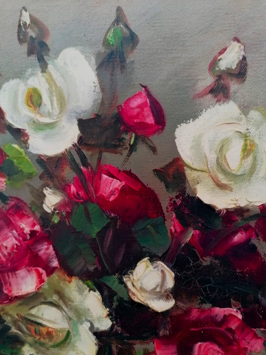 Simone Lalanne Bascle - Oil On Canvas - Still Life With Bouquet Of Roses - Circa 1960 --photo-1