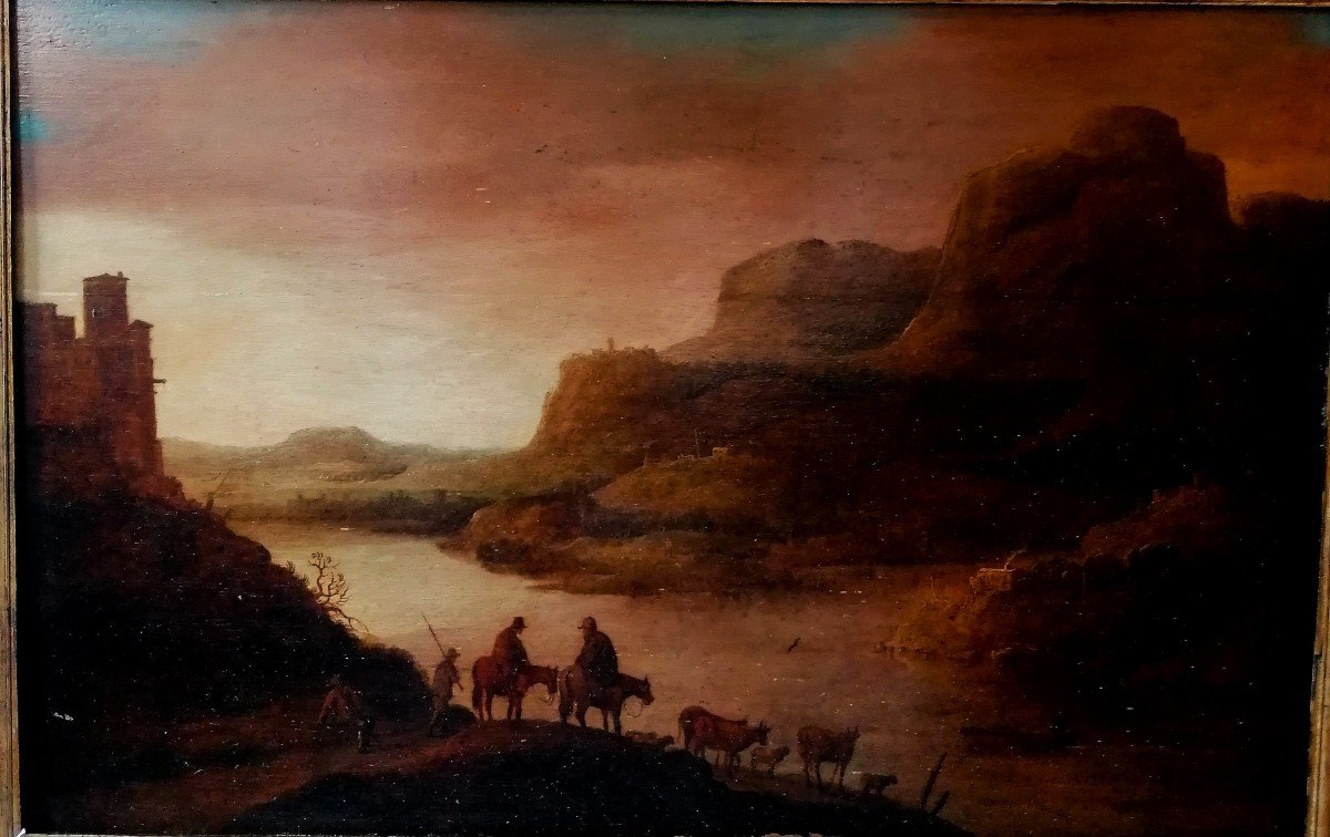 Huile Sur Chene - Ecole Du Nord - Paysage Animé - Epoque XVIIIème Siècle -