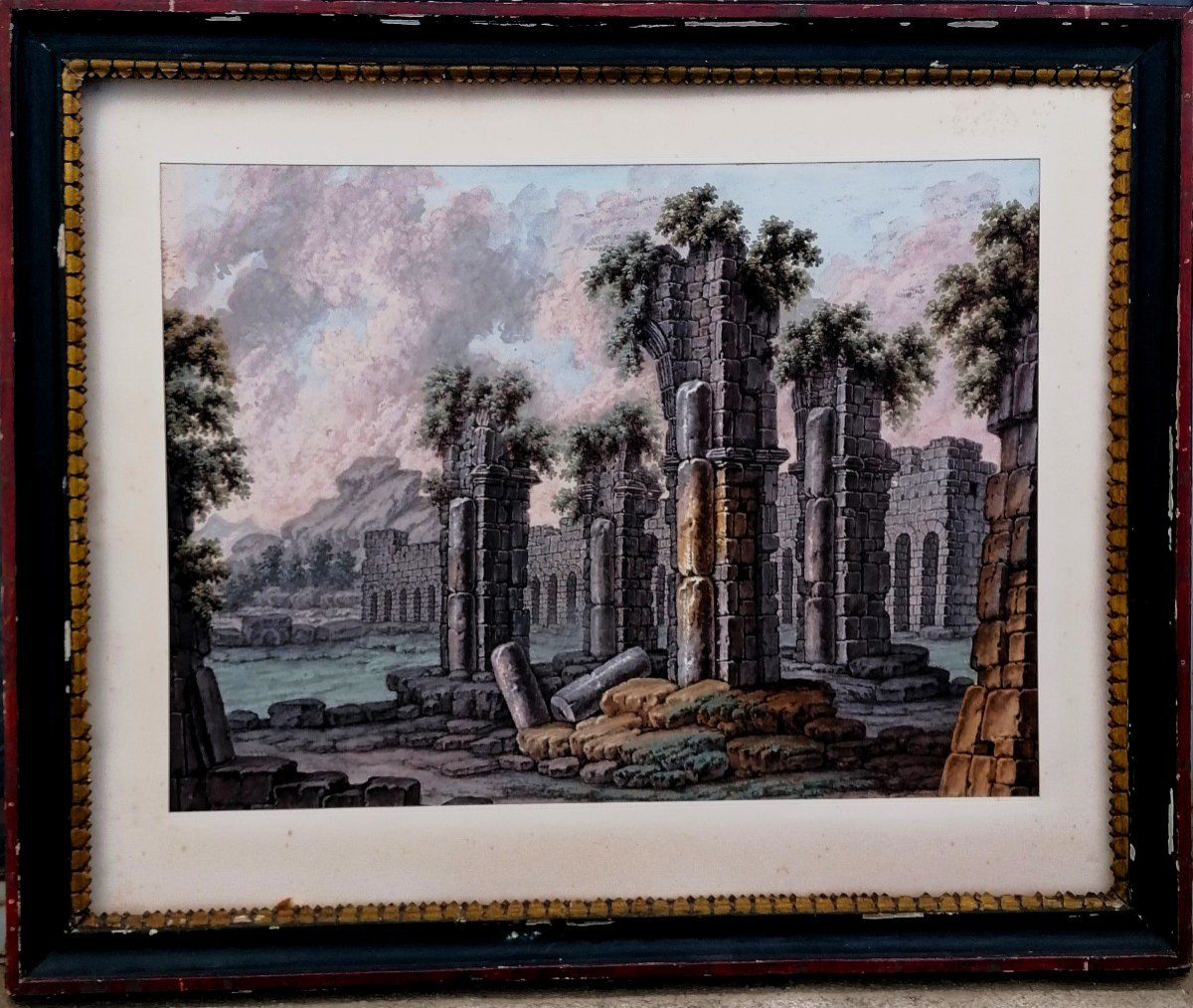 Gouache - Ruins - Late 18th Century - Carved Wood Frame - 46 X 63 Cm In Sight --photo-2